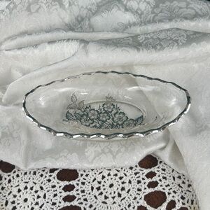 Vintage Scalloped Clear Glass Oval Dish with Silver Floral Overlay